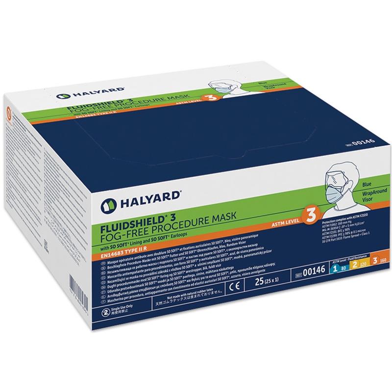 Halyard 00146 Level 3 Fog-Free So-Soft Masks w/ Visor, Blue